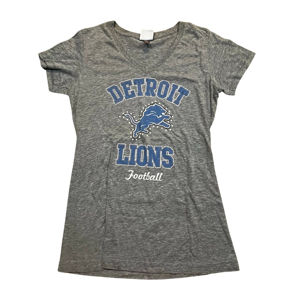 Detroit Lions Women L V Neck T Shirt NFL Football Graphic Gray Short Sleeve
